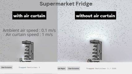 Airflow Simulation & Ventilation Design Tool | AirSketcher | Polar Dynamix Airflow simulation software showing supermarket refrigeration airflow with and without air curtain to reveal cooling inefficiencies.
