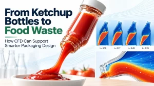 Illustration of ketchup pouring from a glass bottle alongside conceptual CFD visualizations of ketchup flow and bottle emptying.