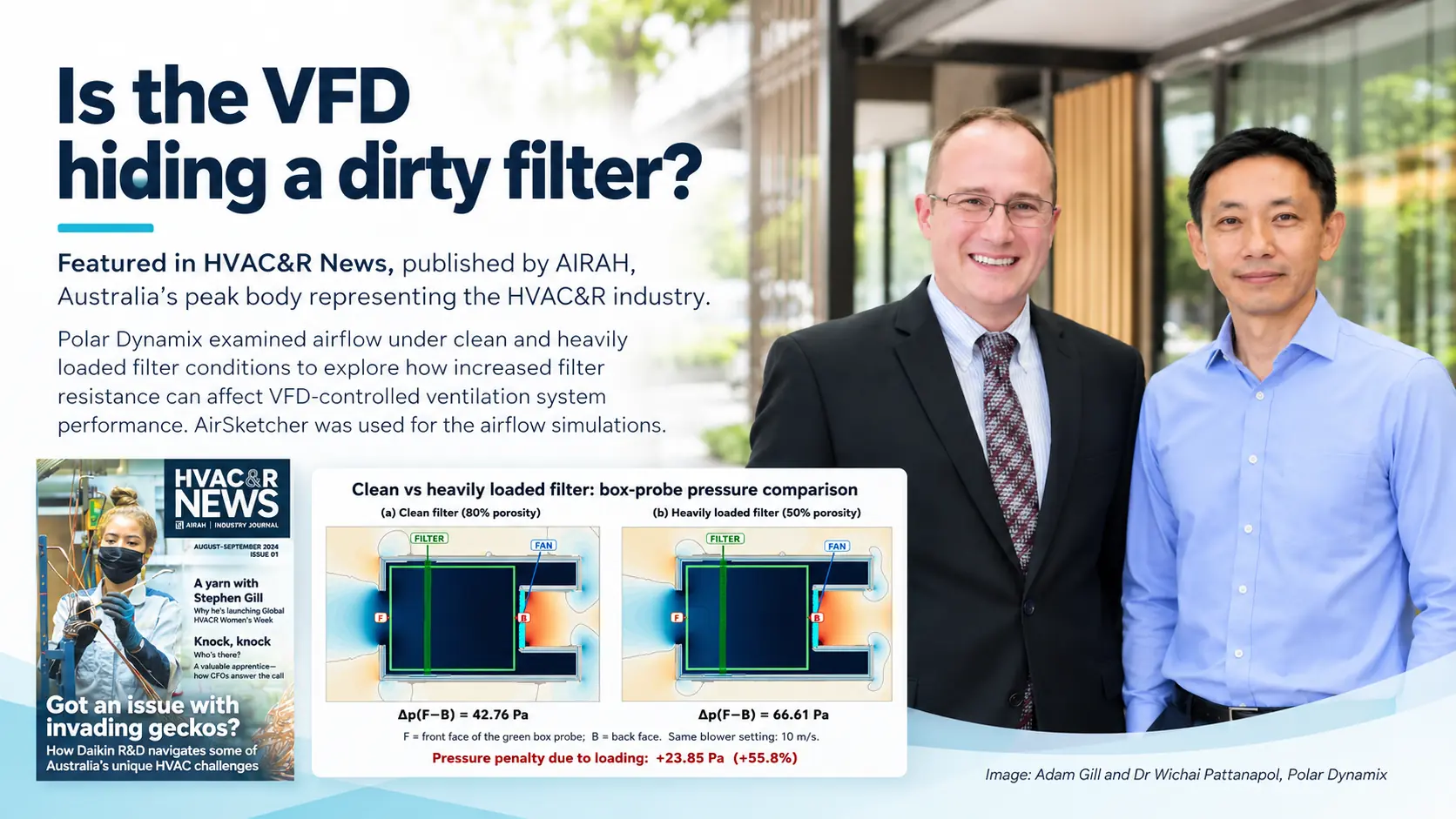 Polar Dynamix founders Adam Gill and Dr Wichai Pattanapol featured alongside HVAC&R News and a clean versus dirty air filter pressure simulation.